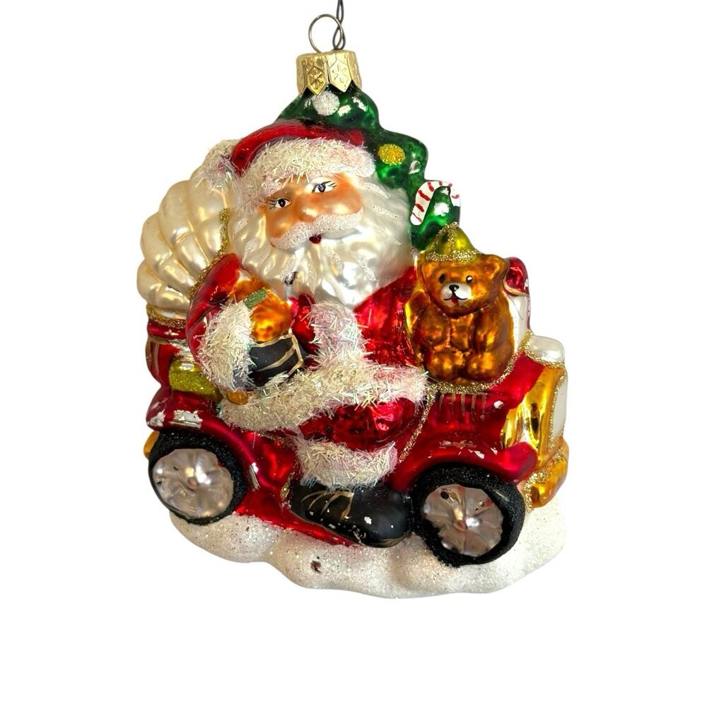 Lg Santa Riding Vintage Car Jalopy Glass Ornament w/Tree Teddy Bear‎ 5.5"x4.5"